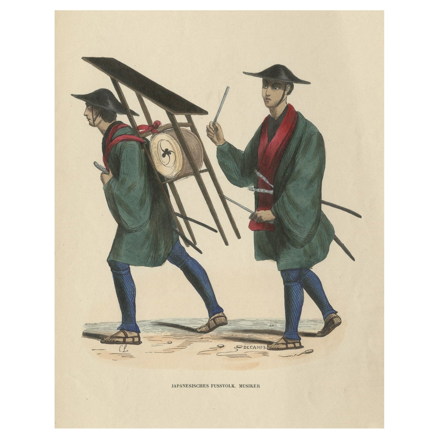 Original Antique Print of Japanese Infantry Musicians, ca.1845