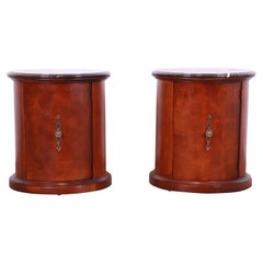 Empire Style Burl Wood Marble Top Drum End Tables or Nightstands, Pair