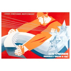 Original Vintage Poster Glory To The Soviet Power Engineers Electric Hydropower