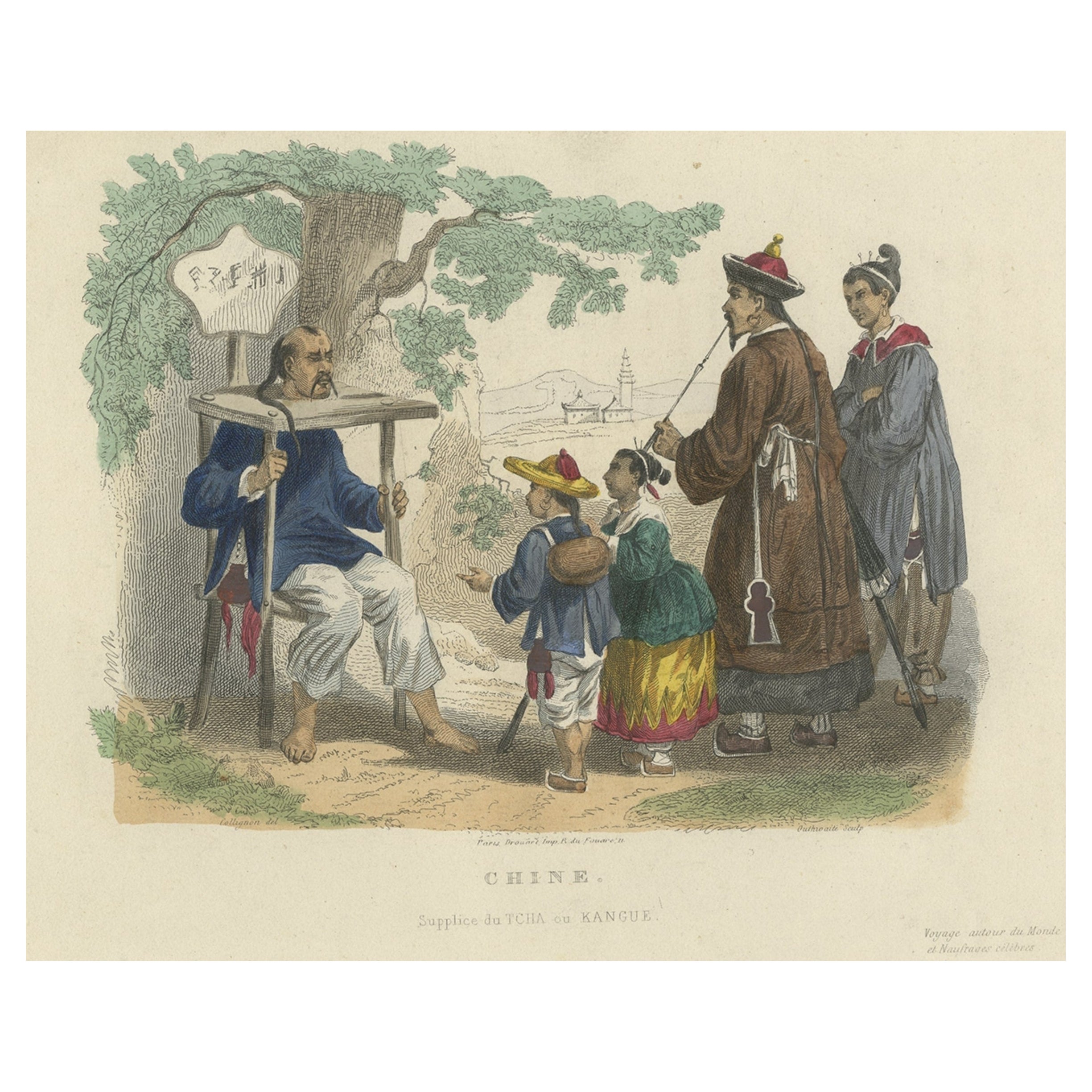 Hand-Colored Print of Corporal Punishment with a Cangue (or Tcha), China, 1844 For Sale