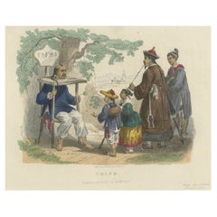 Antique Hand-Colored Print of Corporal Punishment with a Cangue (or Tcha), China, 1844