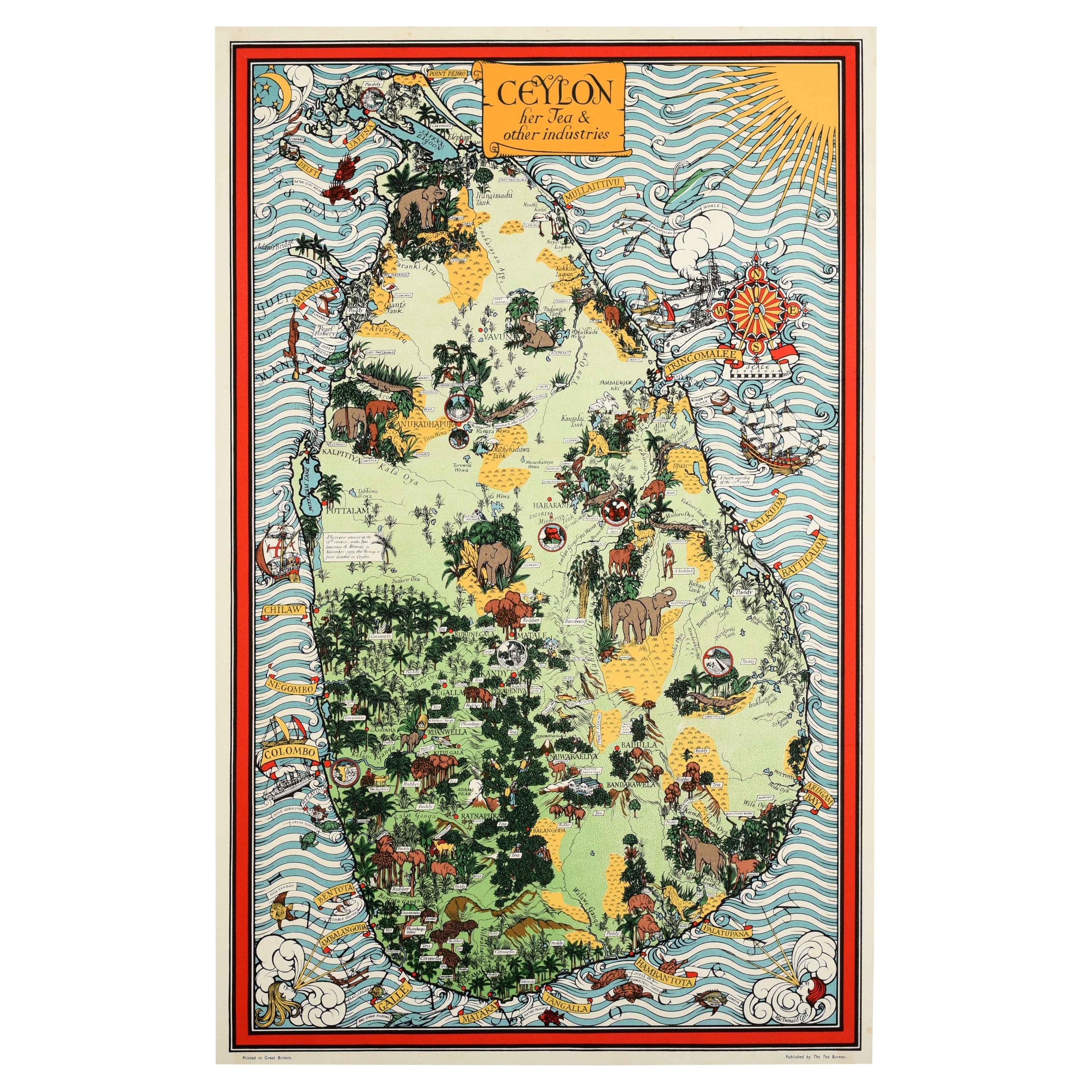 Original Vintage Pictorial Map Poster Ceylon Tea And Other Industries Sri Lanka For Sale