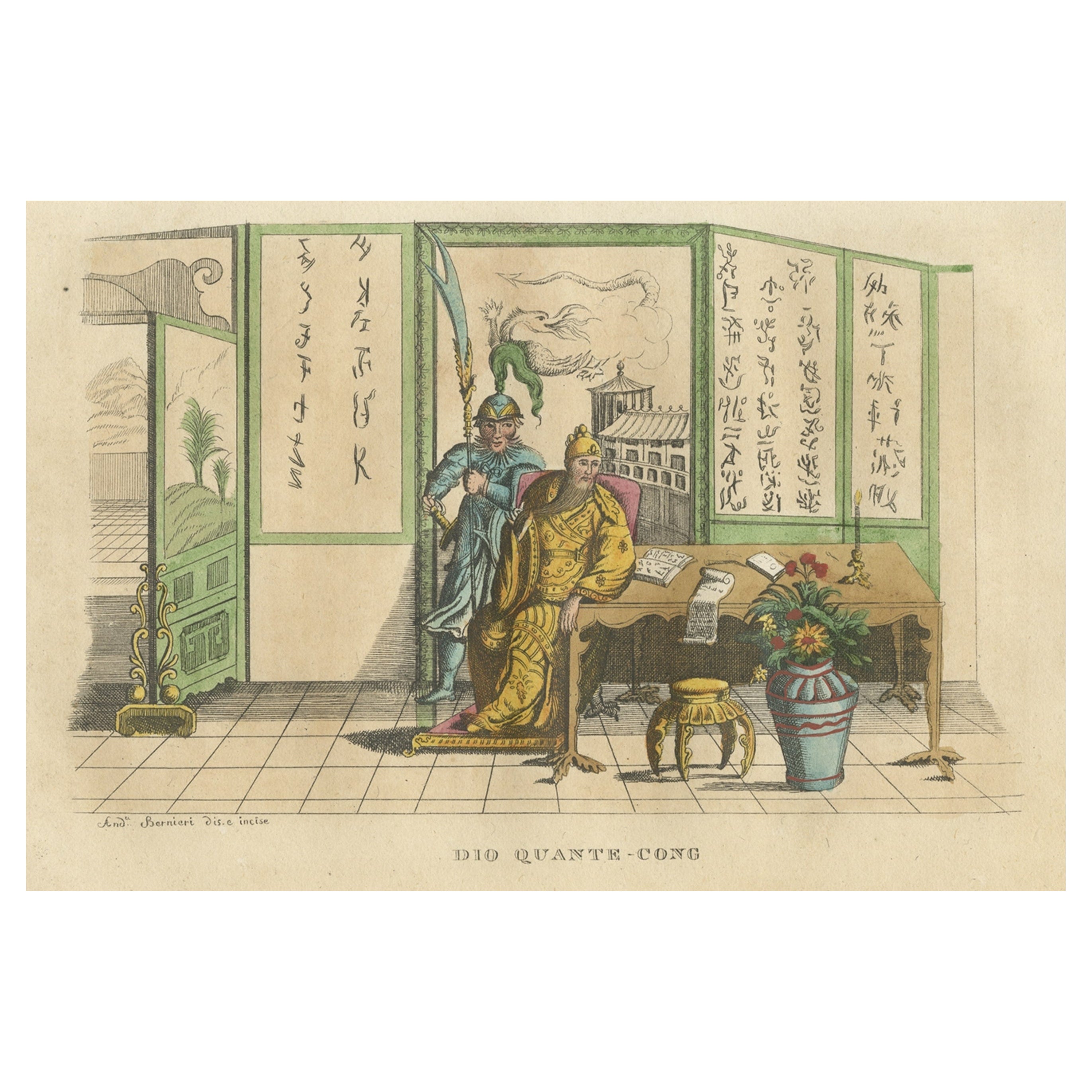 Old Lithograph of the Deity Quante-Cong 'or Shangdi', First Ruler of China, 1843 For Sale