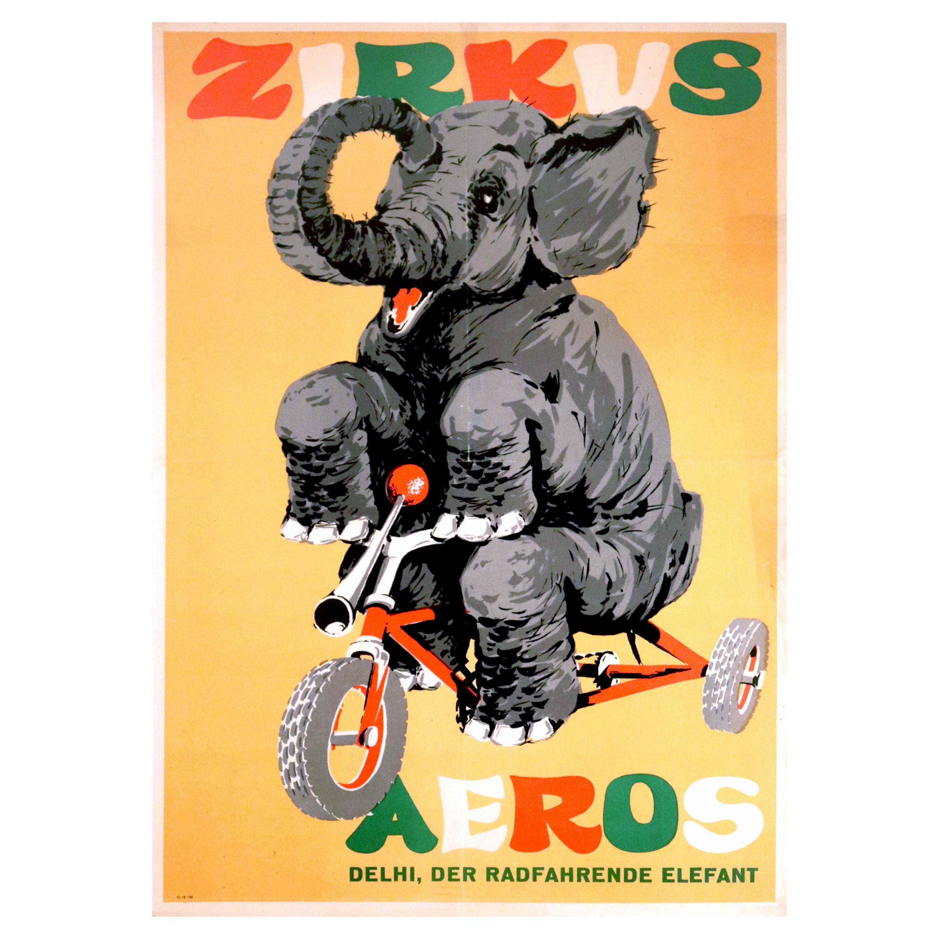 Original Vintage Poster Zirkus Aeros Eros Circus Ft. Delhi The Cycling Elephant For Sale