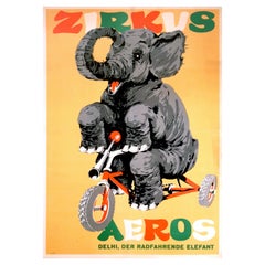 Affiche vintage originale Zirkus Aeros, Circus Eros, avec zirkus Aeros Delhi The Cycling Elephant (Éléphant cycliste)