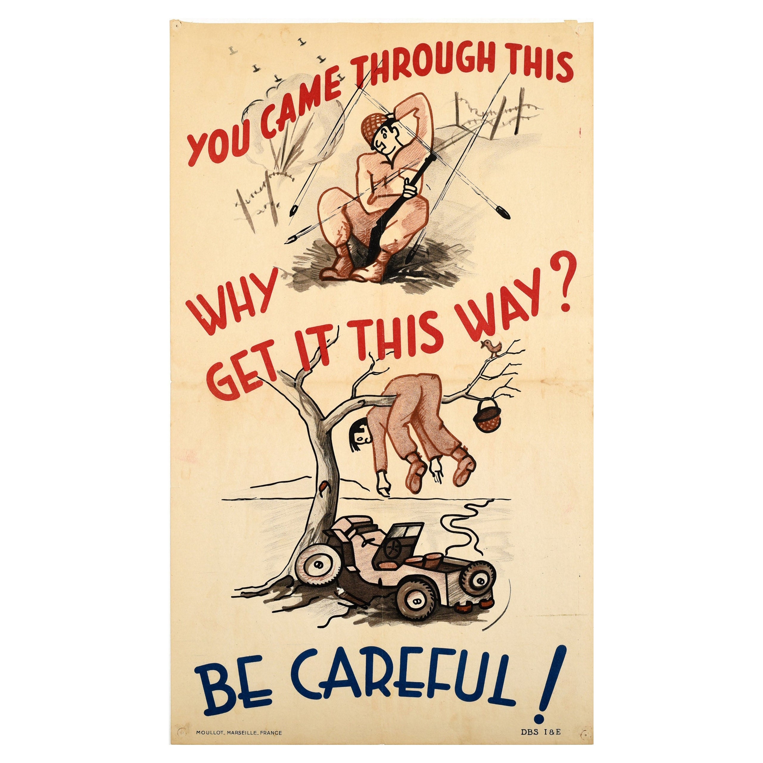 Original Vintage Warning Poster Be Careful Army Road Safety WWII Military Jeep