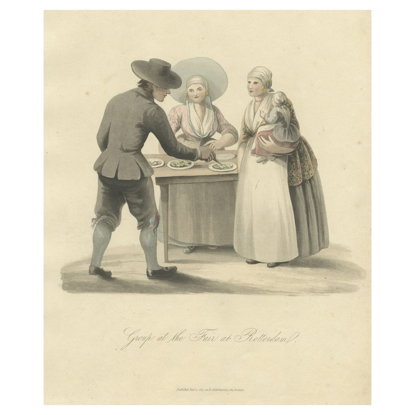 Old Costume Print Showing People at the Fair in Rotterdam, The Netherlands, 1817 For Sale