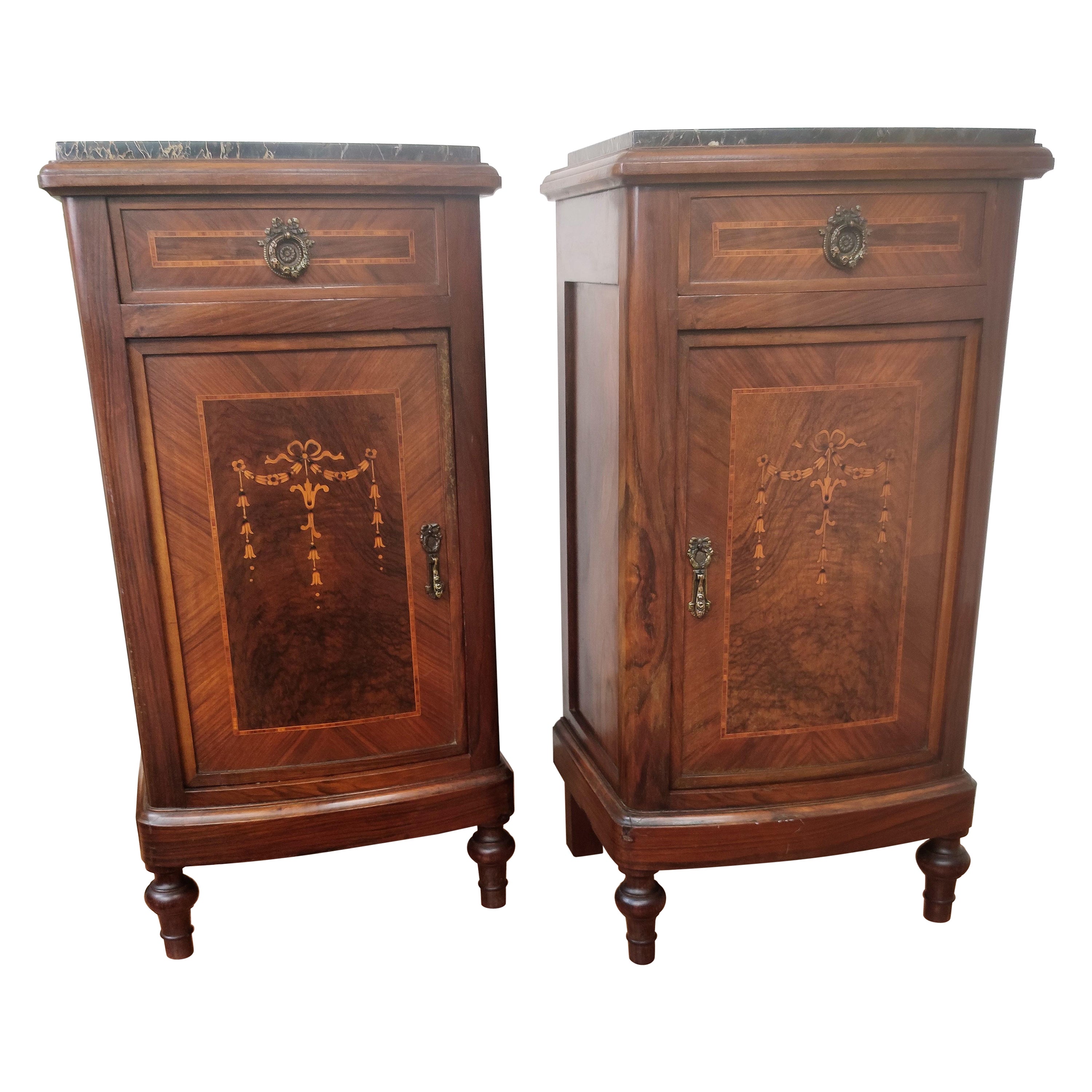 Pair of Italian Antique Marquetry Walnut Portoro Marble Night Stands Bed Tables