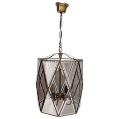 Elegant Vintage Handmande Octagonal Glass and Brass Pendant Lantern, Italy