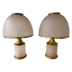 Large Pair of Brass Mushroom Bubble Murano Glass Lamps, Italy, 1970s
