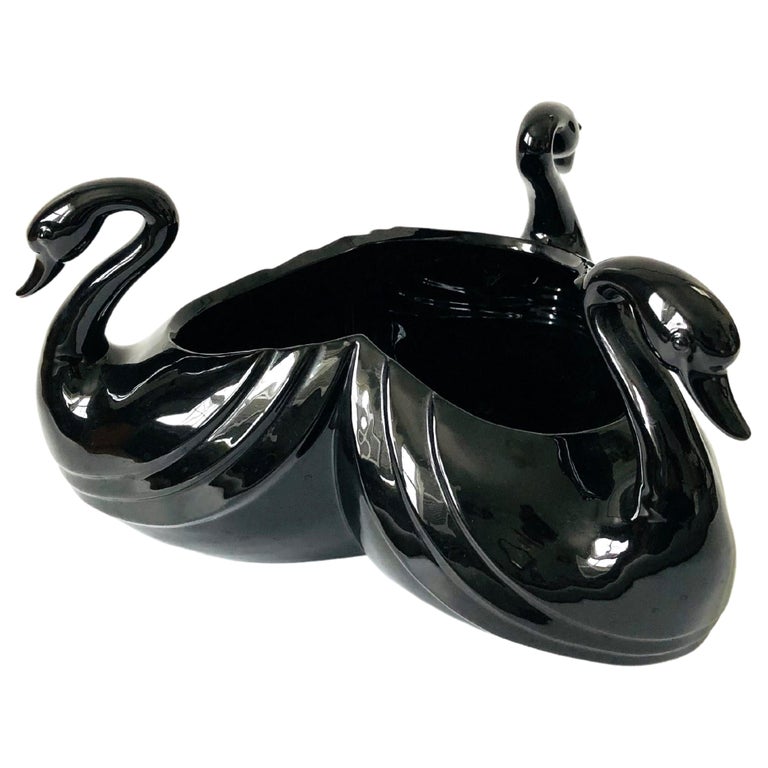 Large Ceramic 1980s Fitz and Floyd Black Swan Bowl For Sale