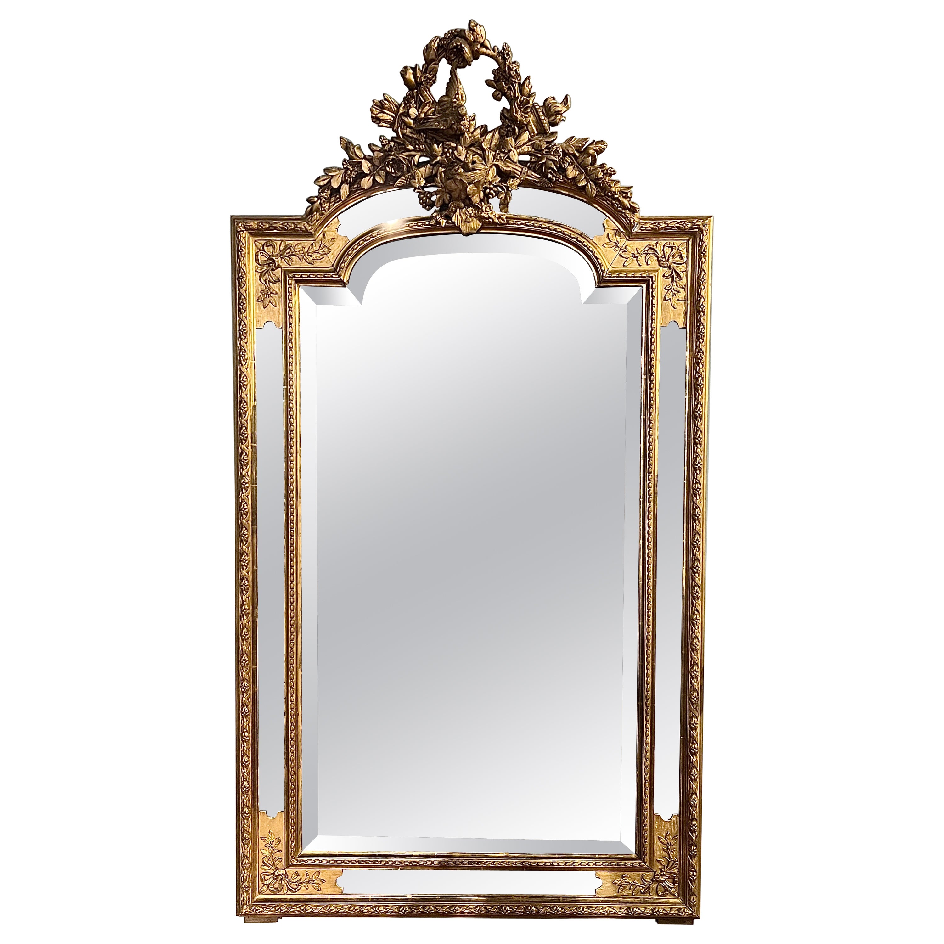 Antique French Louis XVI Carved Wood Frame with Gold-Leaf Beveled Mirror Ca 1890 For Sale