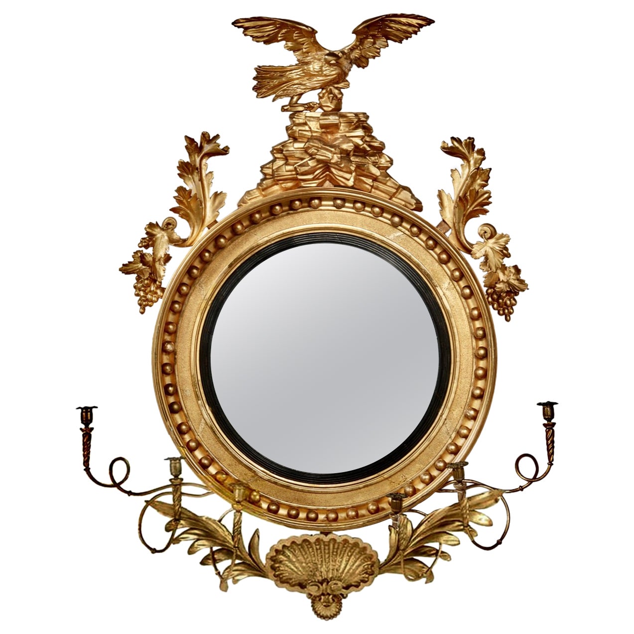 Early 19th Century American Giltwood Convex Girandole Mirror
