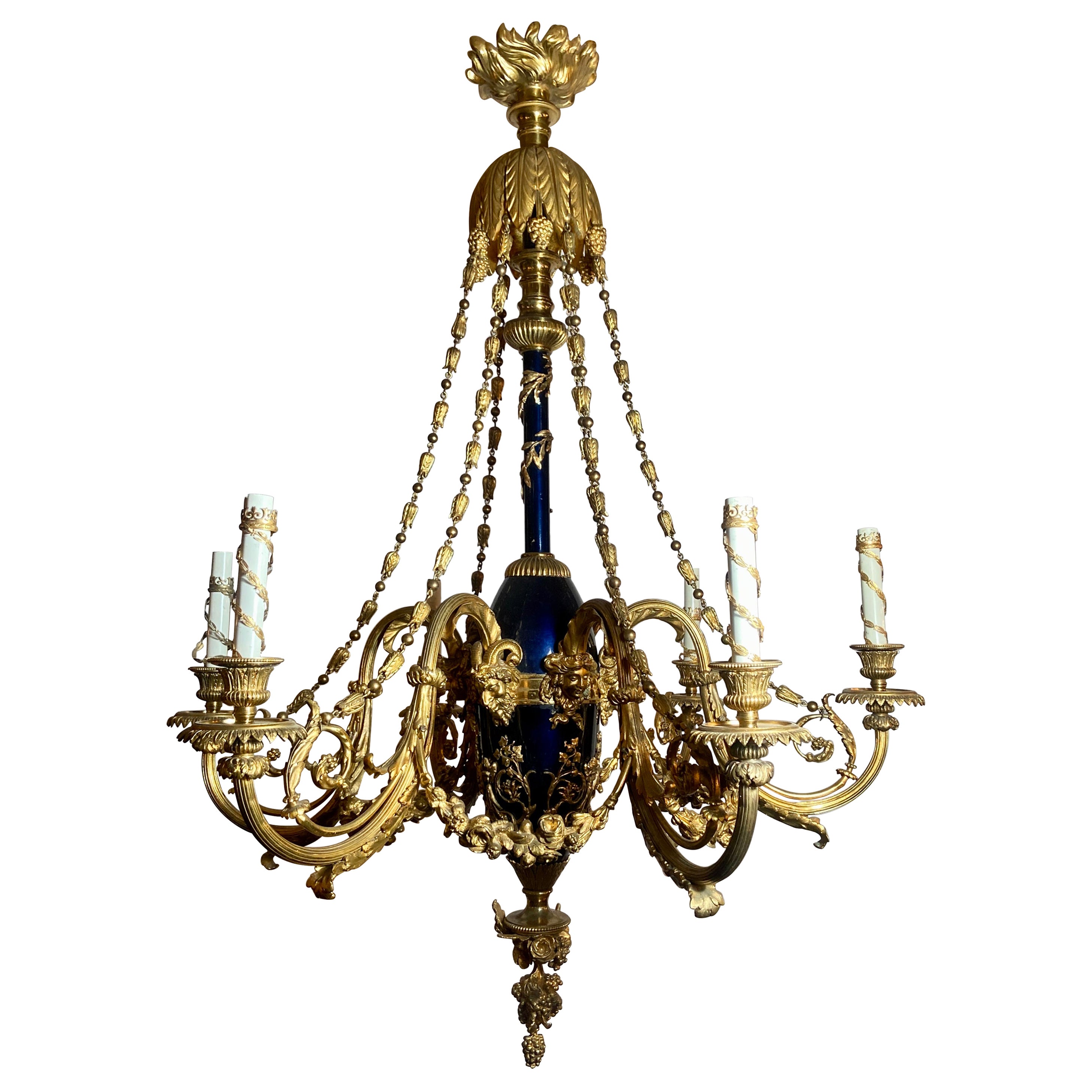 Antique French Louis XVI Bronze D' Ore and Cobalt Chandelier, circa 1880 For Sale