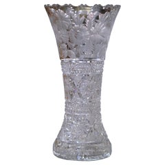 Mid-Century Cut Crystal Trumpet Vase with Geometric Star and Floral Motifs