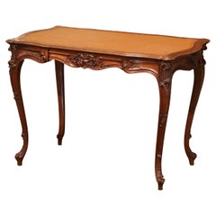 Early 20th Century French Louis XV Leather Top Carved Walnut Side Table Desk
