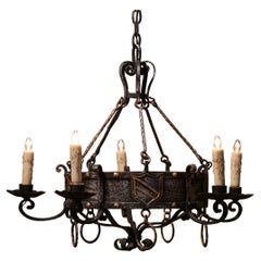 Vintage Mid-Century French Gothic Polished and Gilt Iron Five-Light Chandelier 