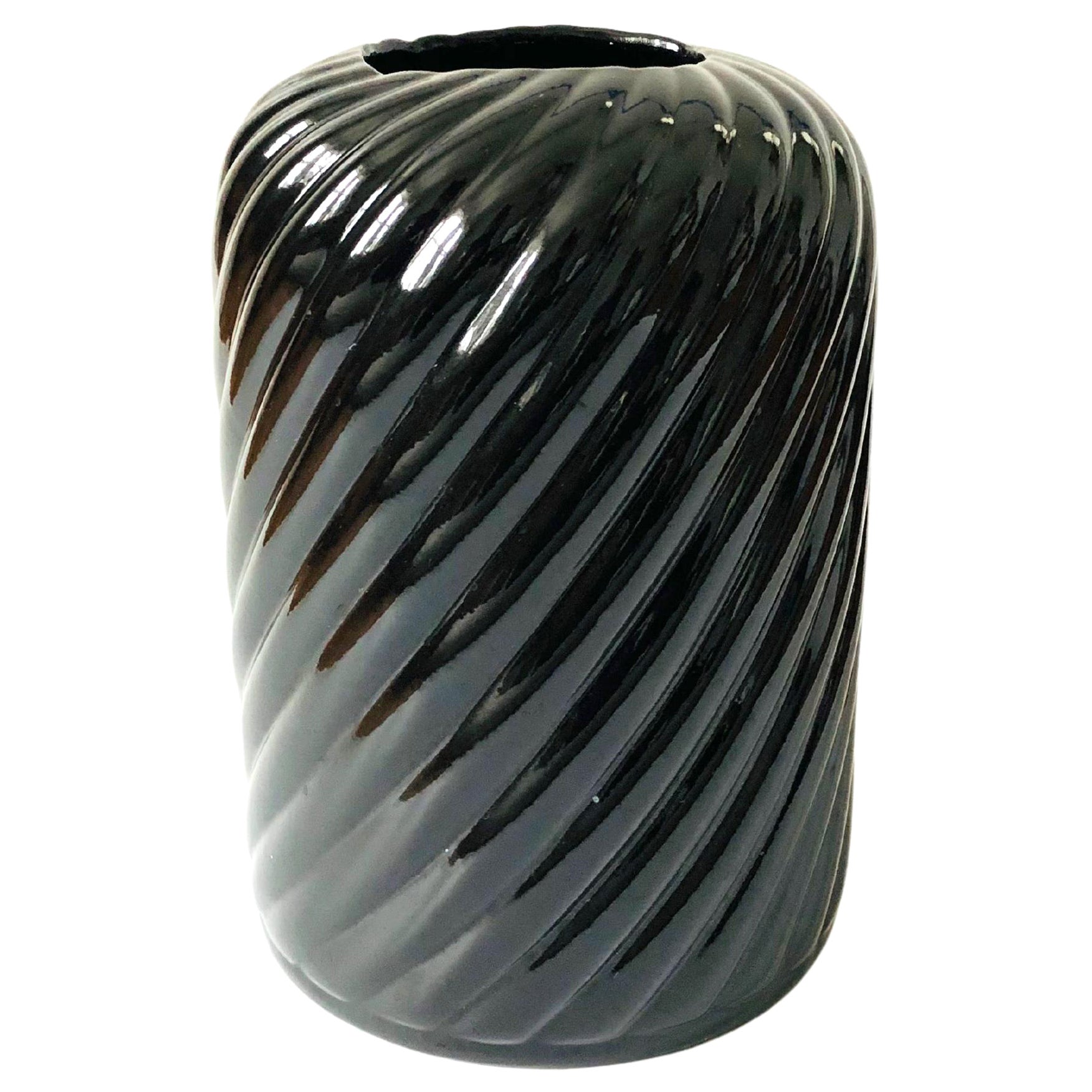 Large Vintage 80s Modern Black Ceramic Swirl Vase For Sale