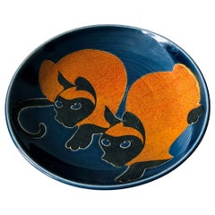 Large Vintage 1980s Siamese Cat Art Pottery Tray