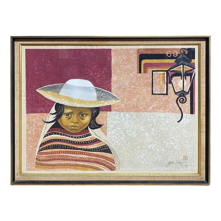 Junichiro Sekino Signed Limited Edition Japanese Woodblock Print Girl in Poncho For Sale