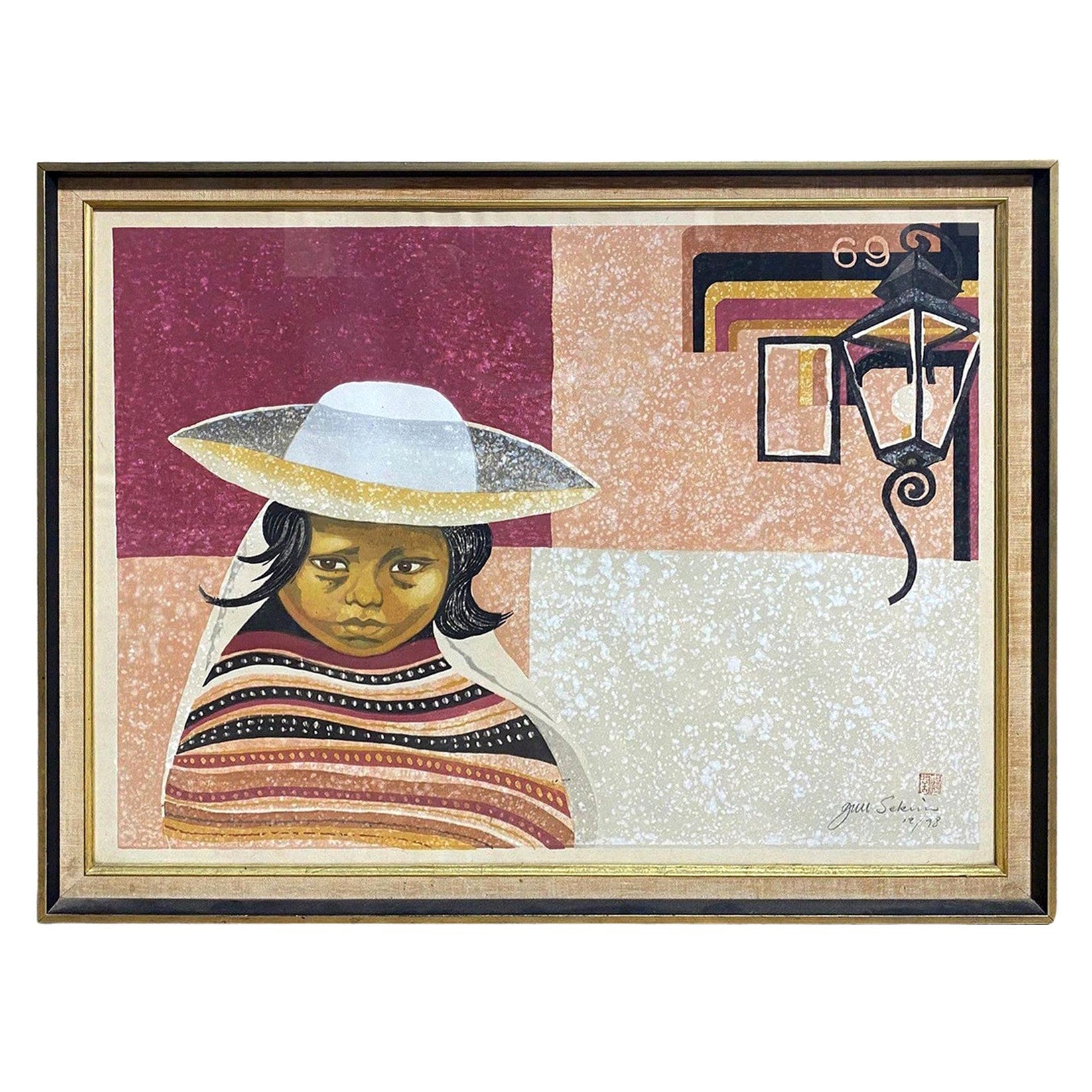 Junichiro Sekino - Édition limitée de la gravure sur bois japonaise - Jeune fille dans un poncho