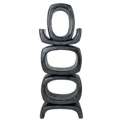 3 Rectangular Ovals, Short Angled Legs, Metallic Black-Glazed Clay Sculpture #1