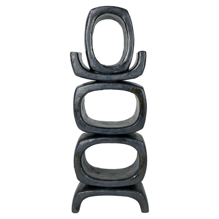 3 Rectangular Ovals, Short Angled Legs, Metallic Black-Glazed Clay Sculpture #1 For Sale