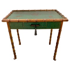 Vintage Green Chinoiserie Faux Bamboo Writing Desk