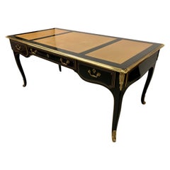 French Louis XV Style Ebonized Black and Bronze Writing Desk Bureau Plat