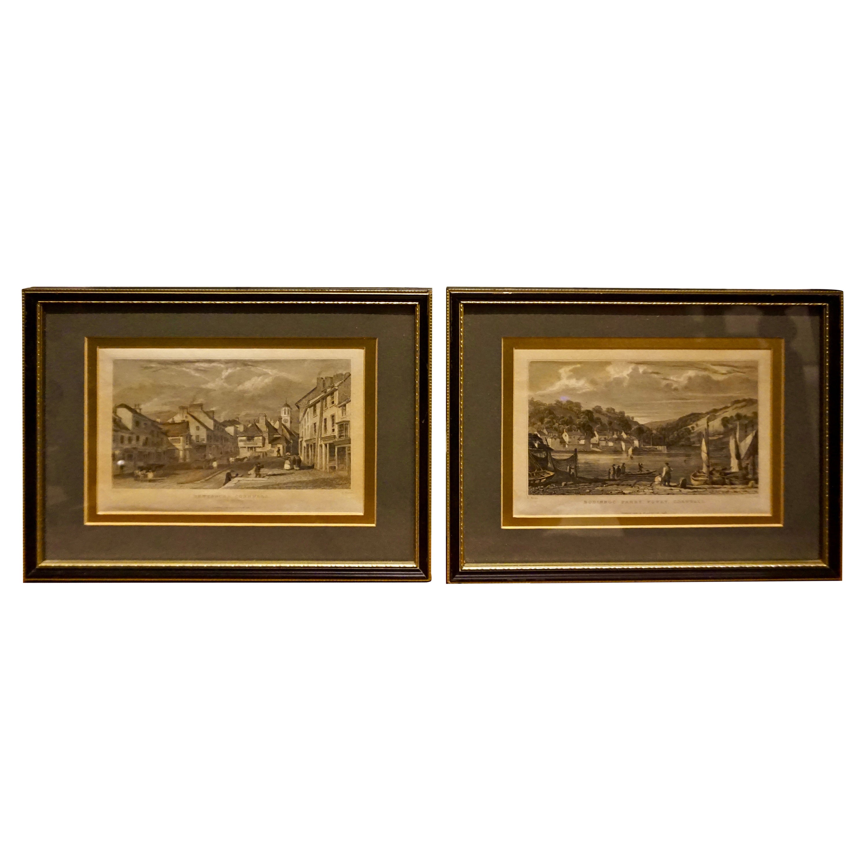 Pair of Early Victorian English Stamped Framed & Mounted Cornwall Aquatints