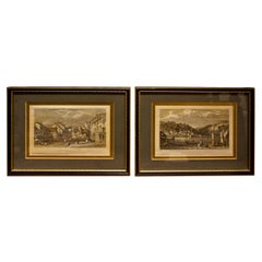 Pair of Early Victorian English Stamped Framed & Mounted Cornwall Aquatints