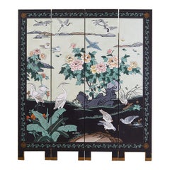 Used Chinese Export Flora and Fauna Lacquered Coromandel Screen