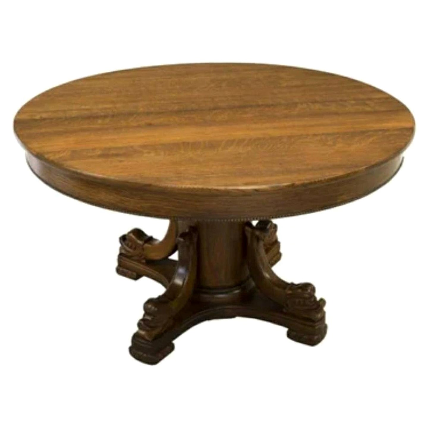 Ancienne table de salle à manger à rallonge américaine à piédestal sculpté et figuratif