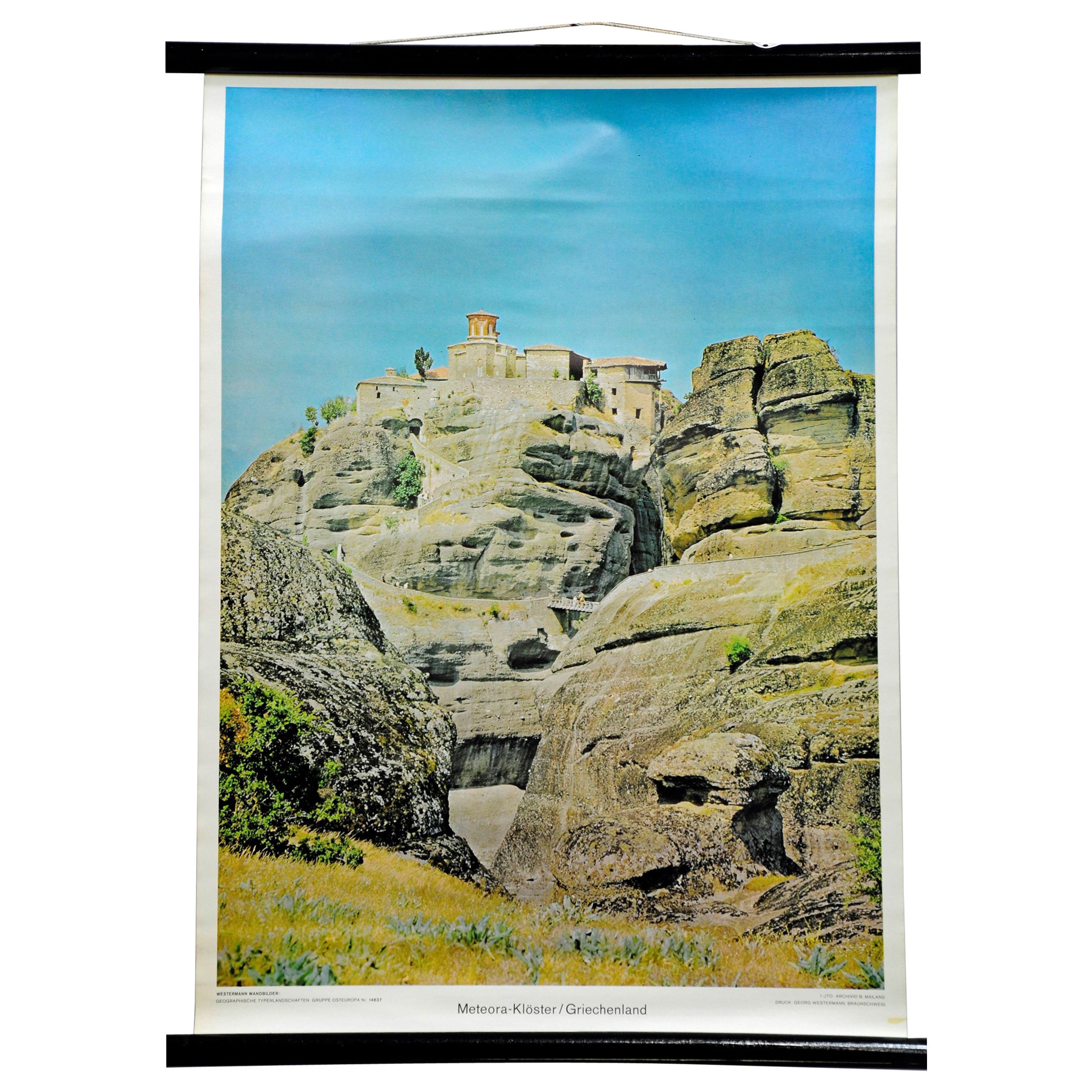 Countrycore Pull-Down Wall Chart Meteora Convents Greece Landscape History For Sale