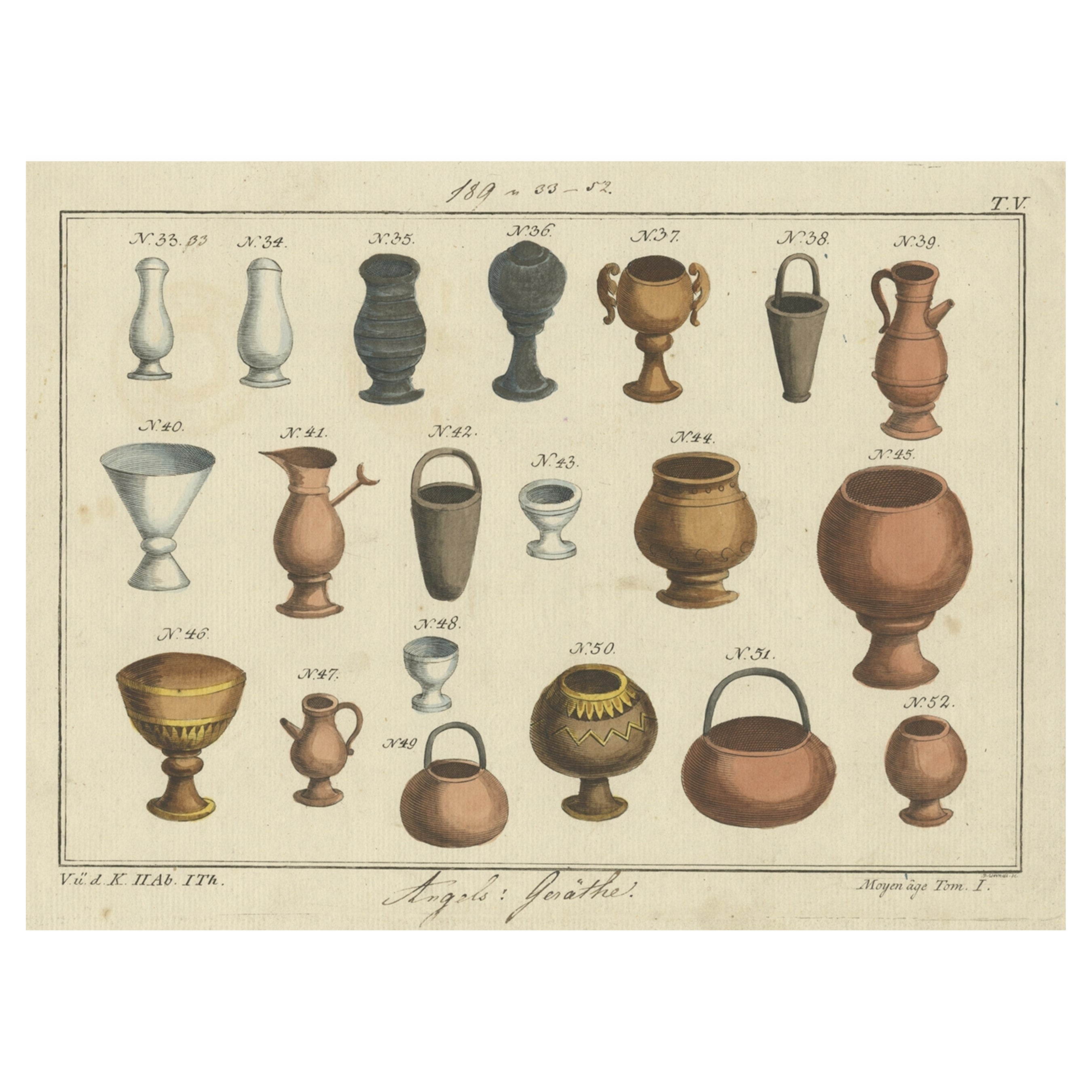 Rare Print of Types of Anglo Saxon Vessels in Silver, Gold and Pottery, 1810 For Sale