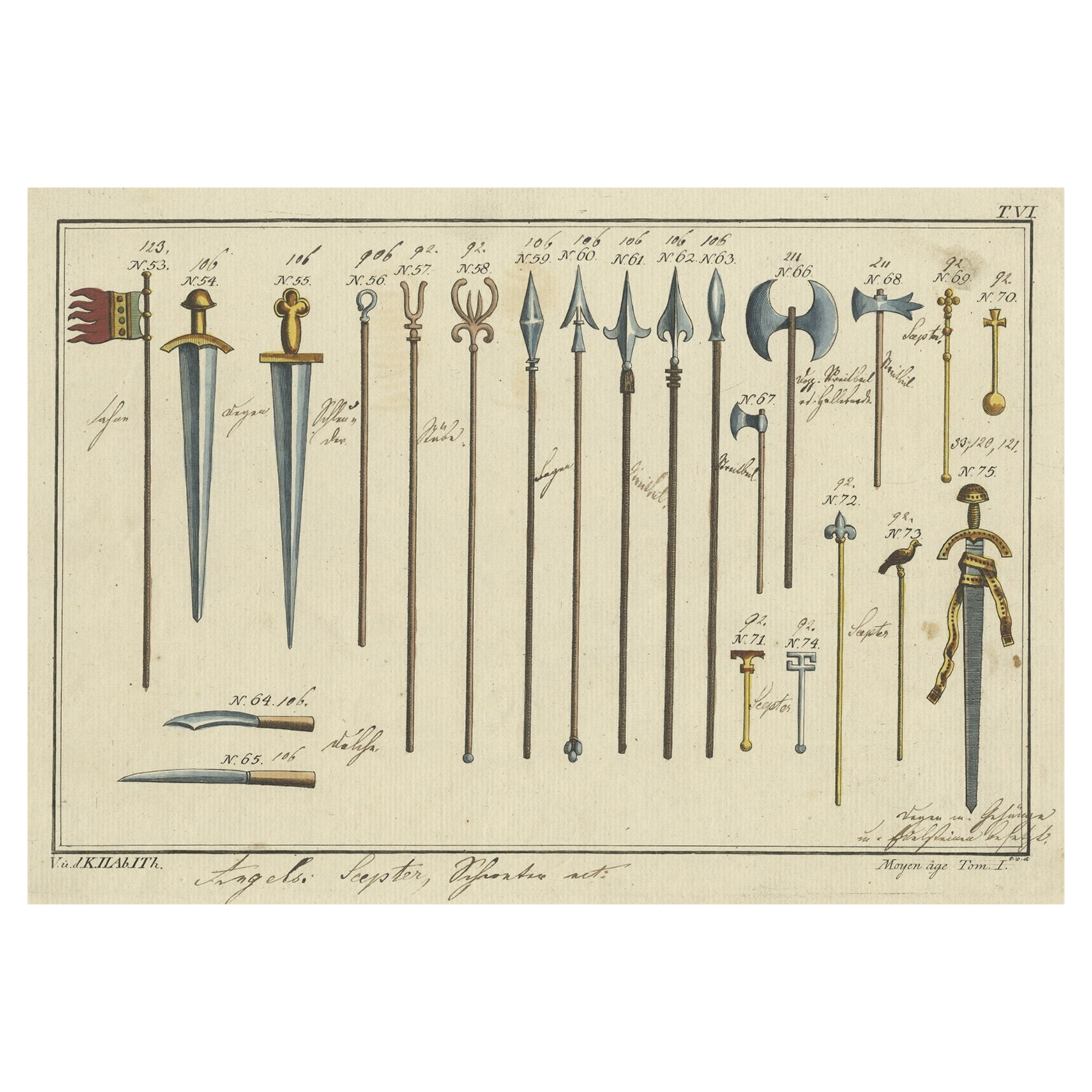 Old Print of Daggers, Axes, Spears, Lances, Swords Used in the Middle Ages, 1810