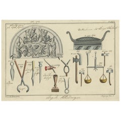 Antique Interesting Old Print of Writing and Carpenter Utensils and More, 1810