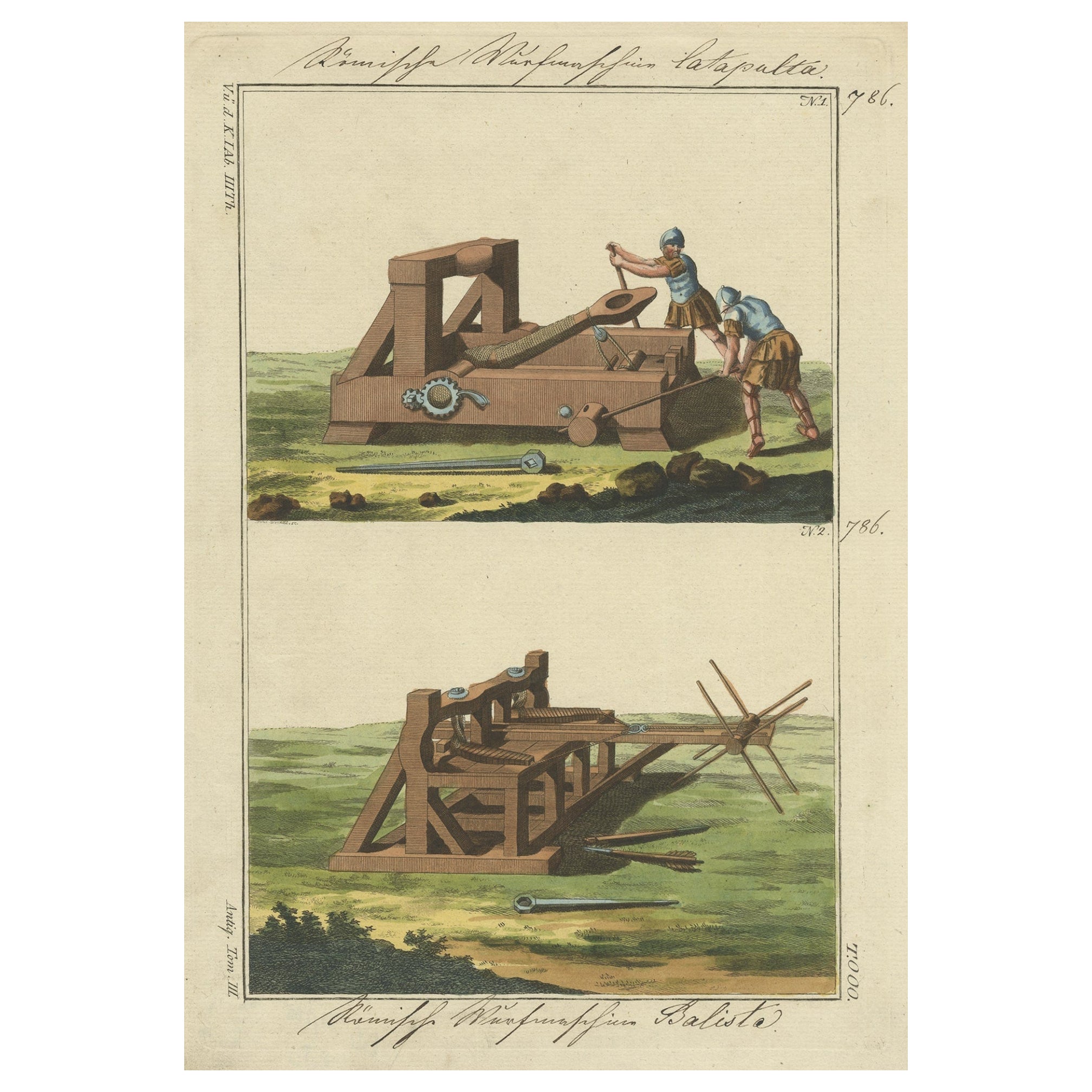 Original Hand-Colored Print of a Roman Catapult and Ballista, 1810 For Sale