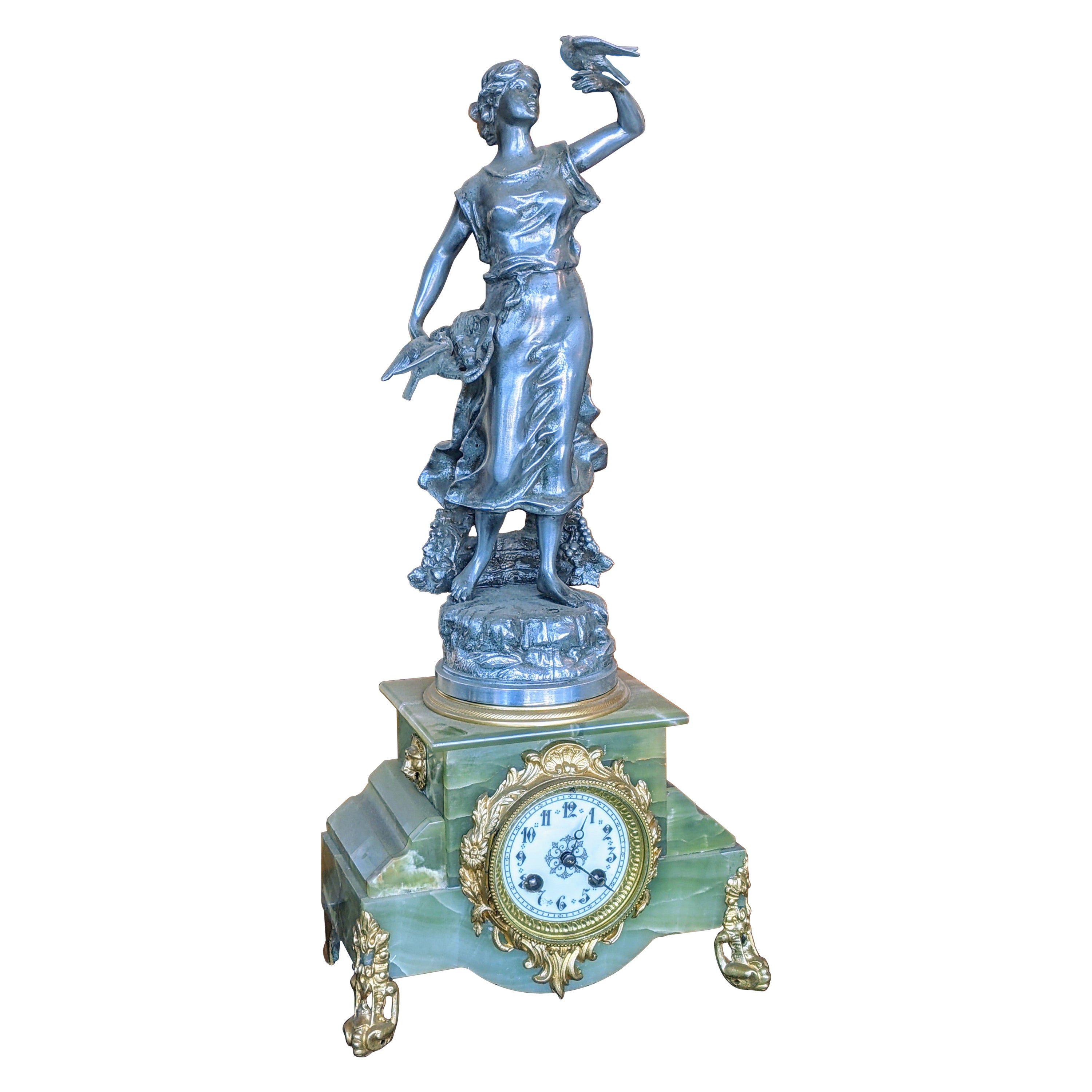 French Table Clock. Bronze, Brass and Green Marble, Mid 1800s For Sale