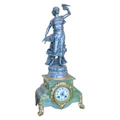 French Table Clock. Bronze, Brass and Green Marble, Mid 1800s