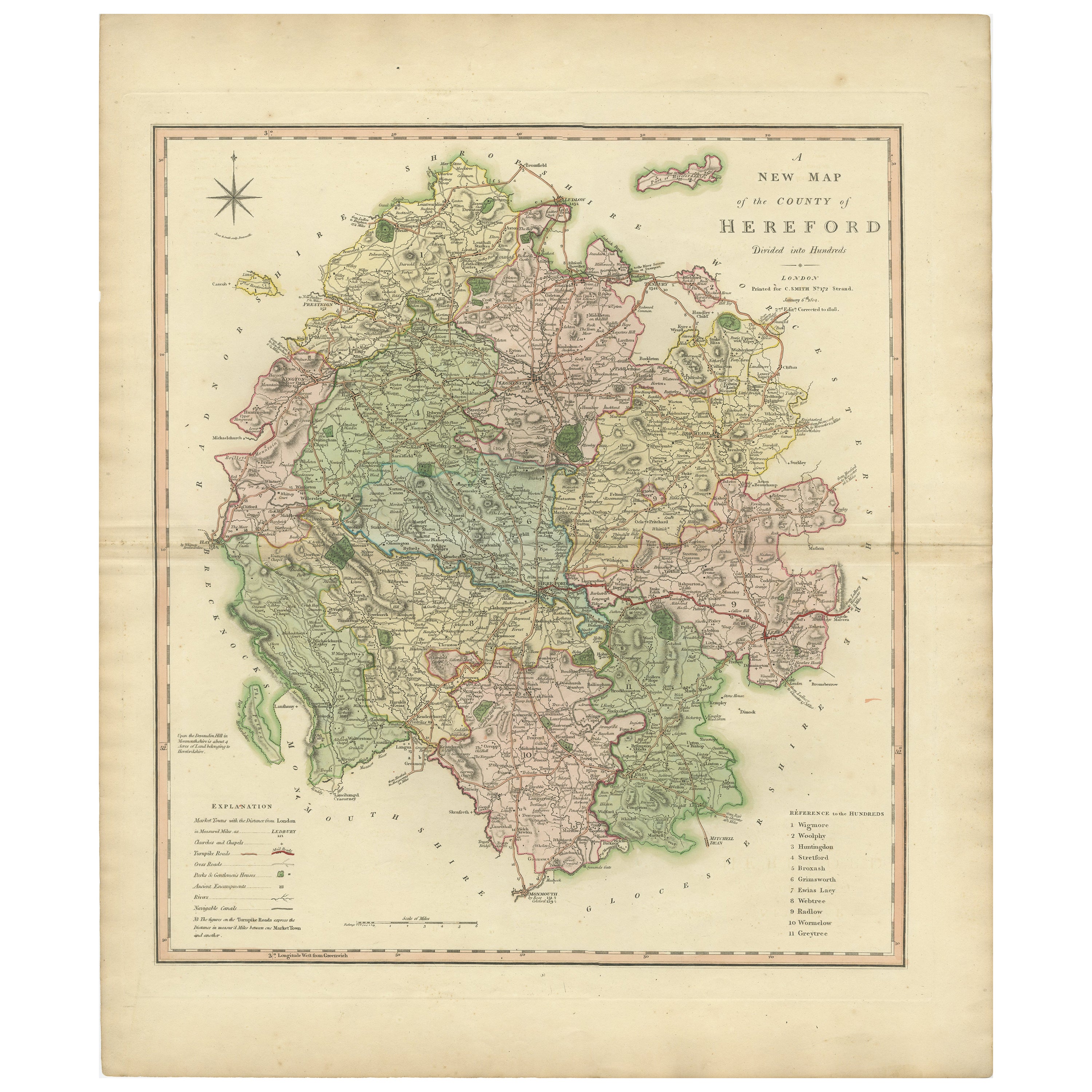 Original Hand-Colored Antique Map of the County of Hereford in England, 1804  For Sale