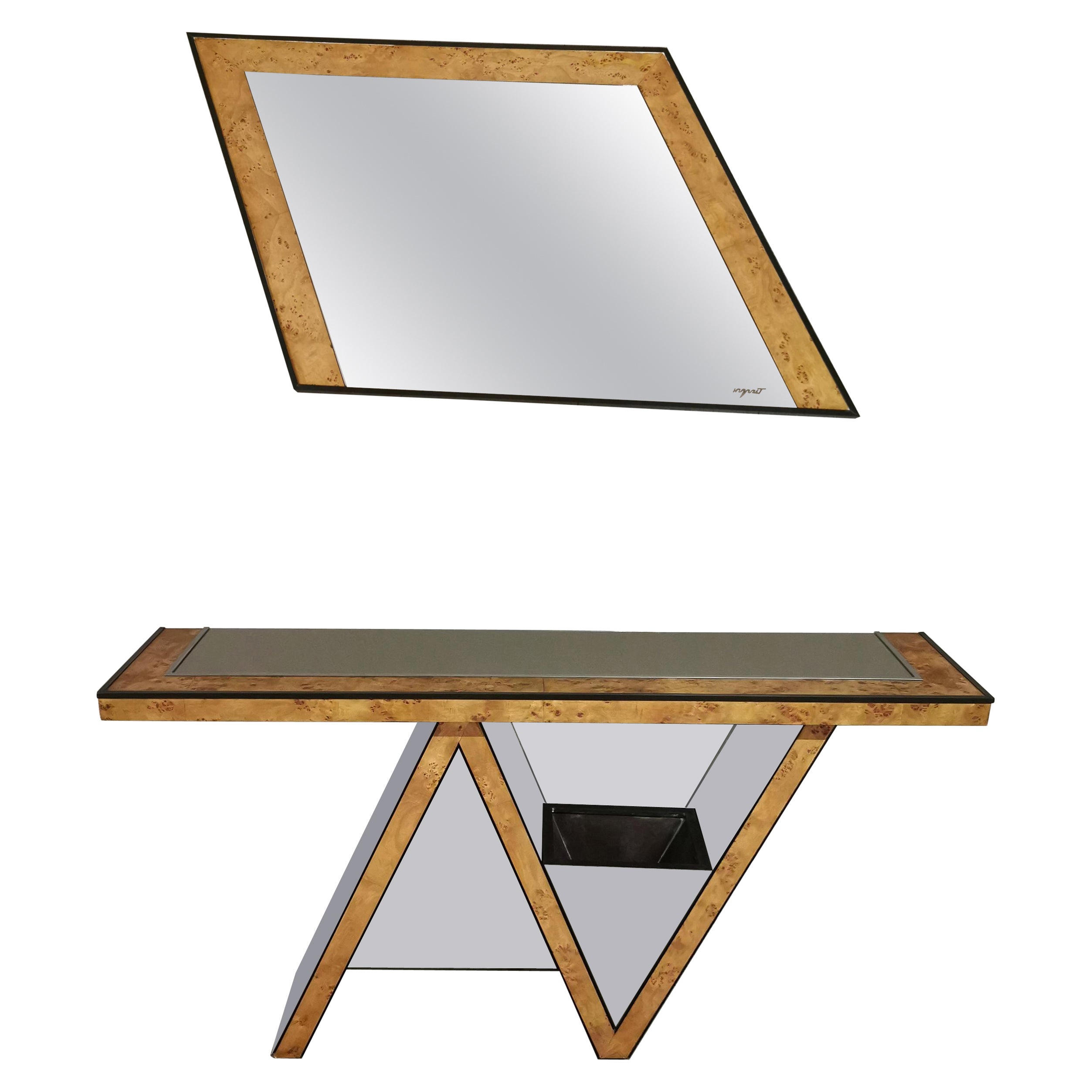  Console Table Wall Mirror Wood Brass Midcentury Italian Design 1970s Set of 2