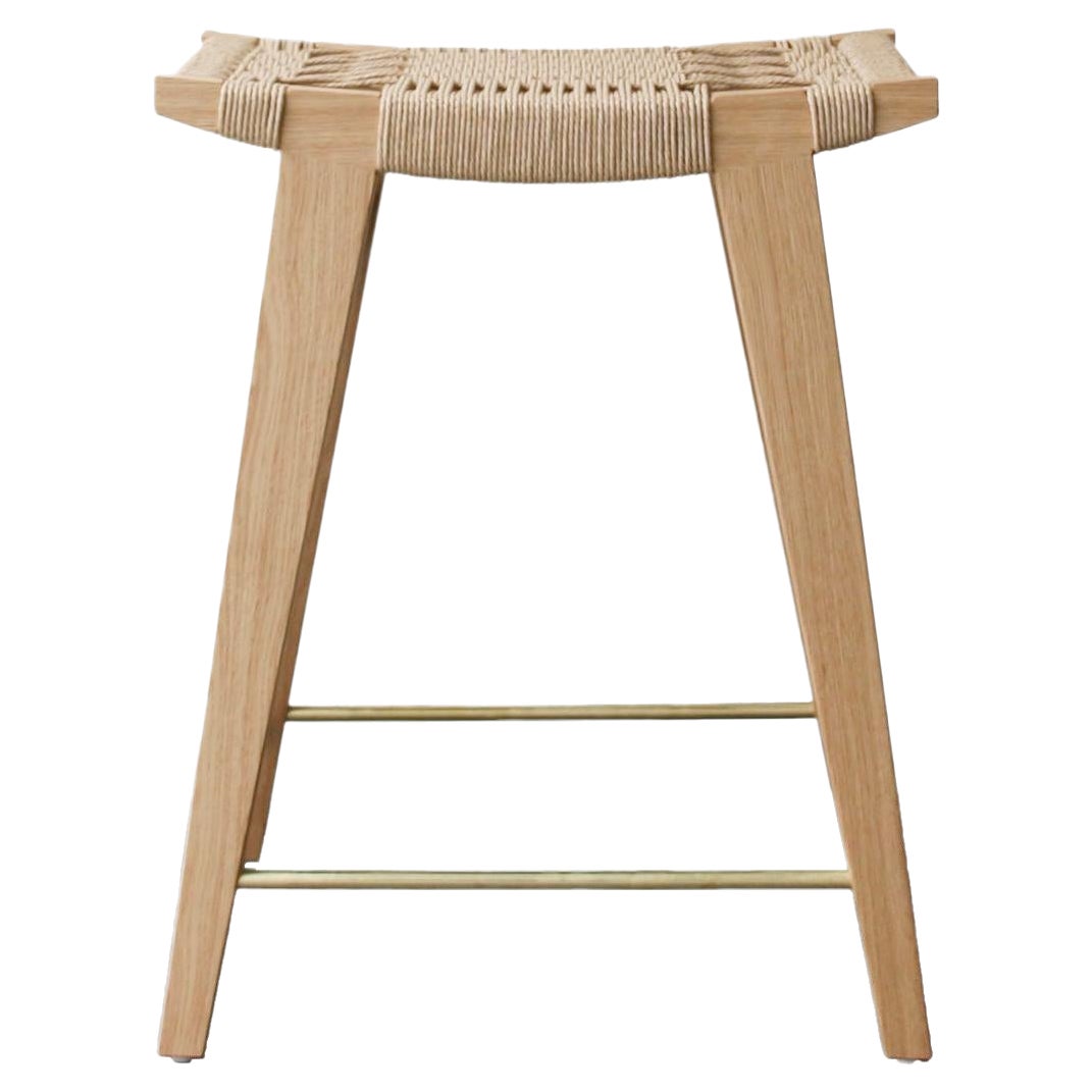 Contemporary Lo-Pi Bar Stool, Natural Oak with Danish Cord Seat & Brass Rails For Sale