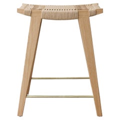 Contemporary Lo-Pi Bar Stool, Natural Oak with Danish Cord Seat & Brass Rails