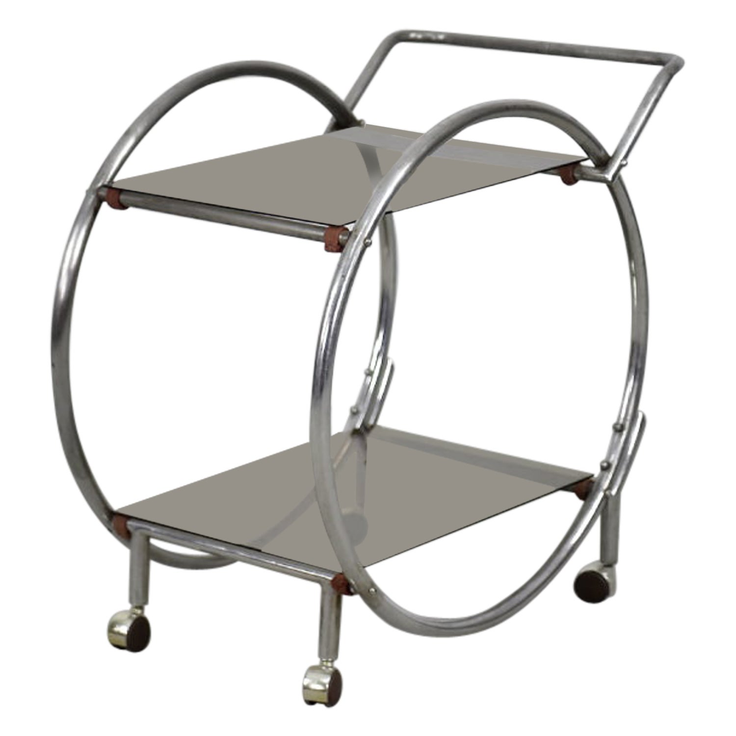 Vintage Art Déco Chrome and Brown Smoked Glass Round Two-level Bar Cart, 1930s For Sale