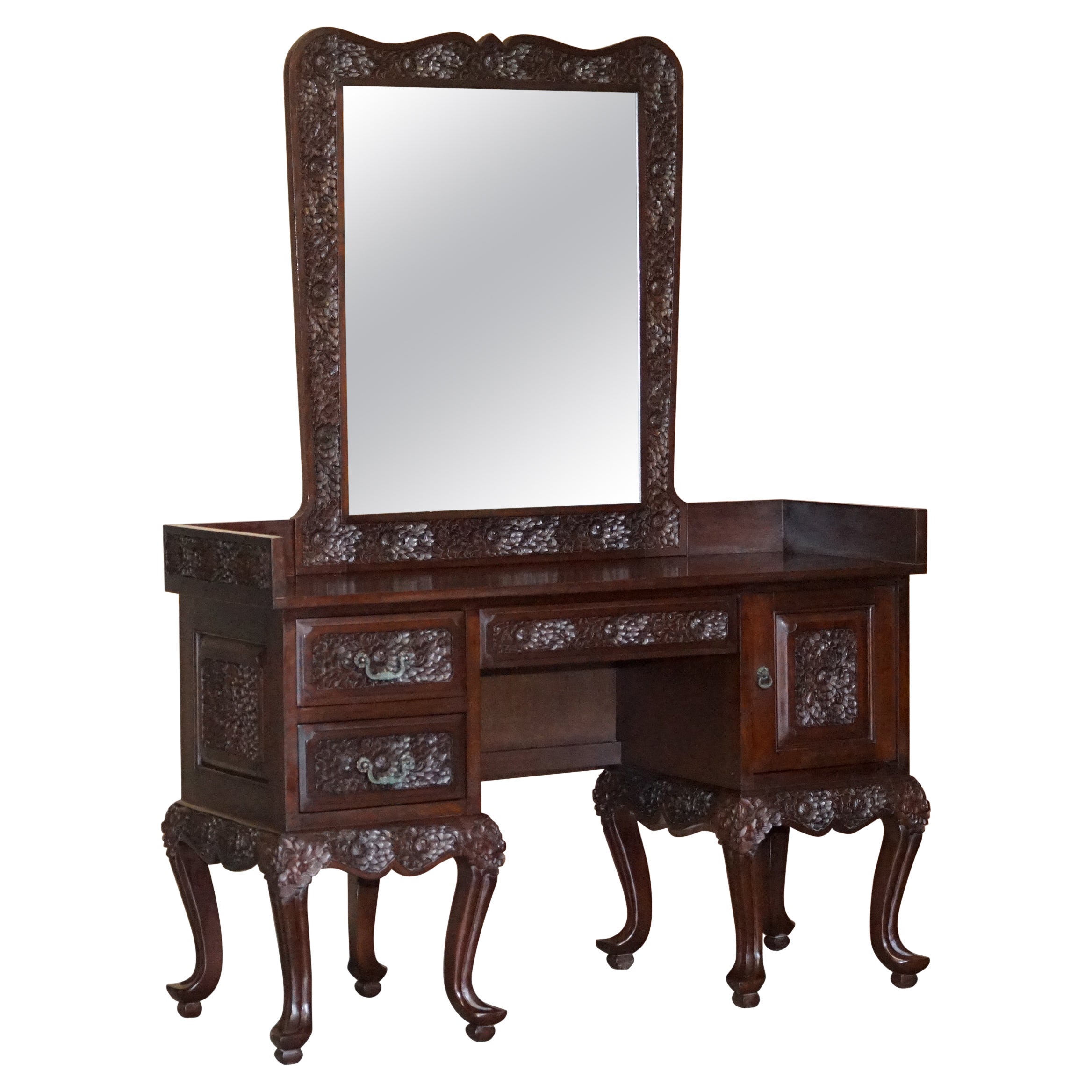 Heavily Carved Floral Decorated Indian Hardwood Dressing Table & Mirror