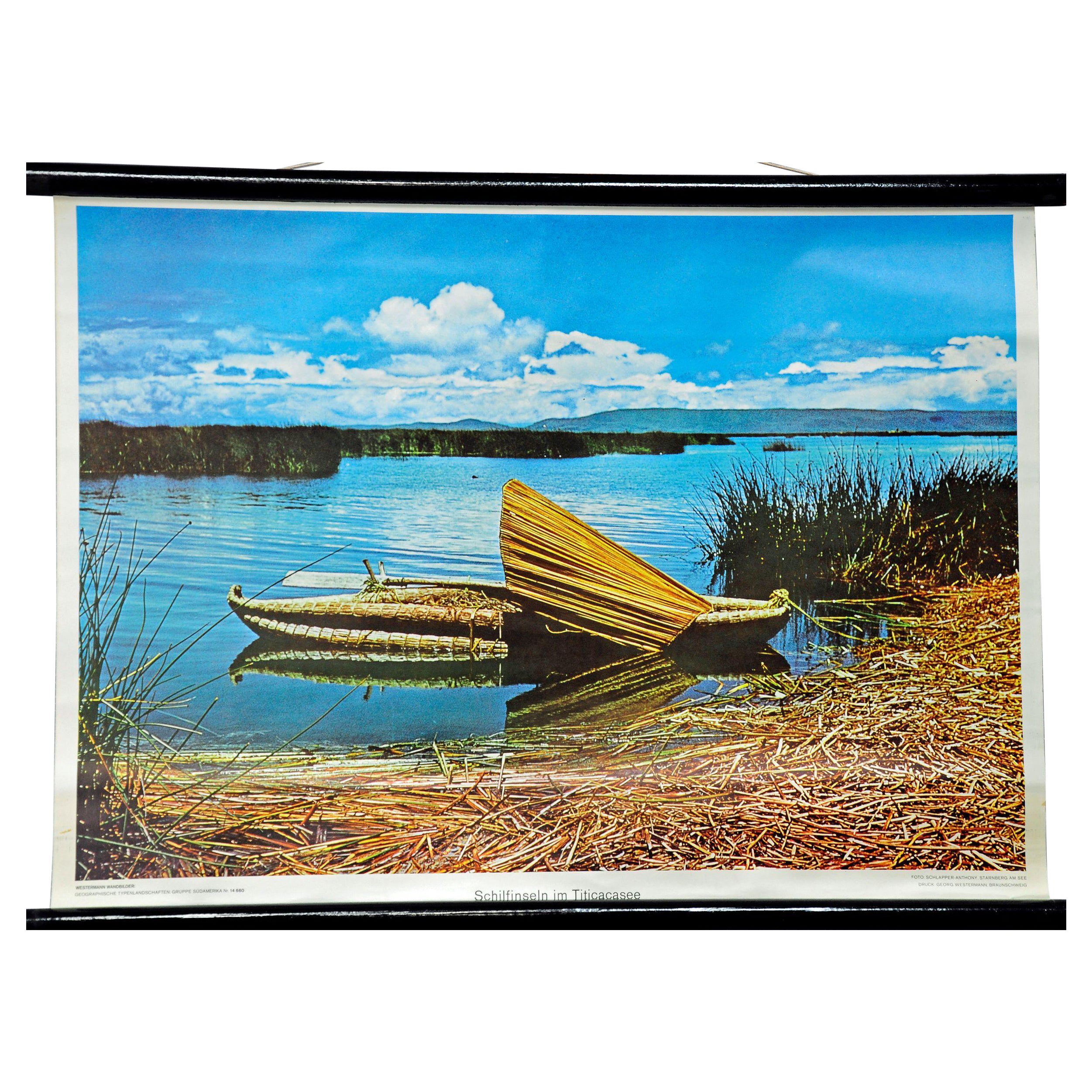 Lake Titicaca Reed Landscape Traditional Straw Boat Vintage Rollable Wall Chart For Sale