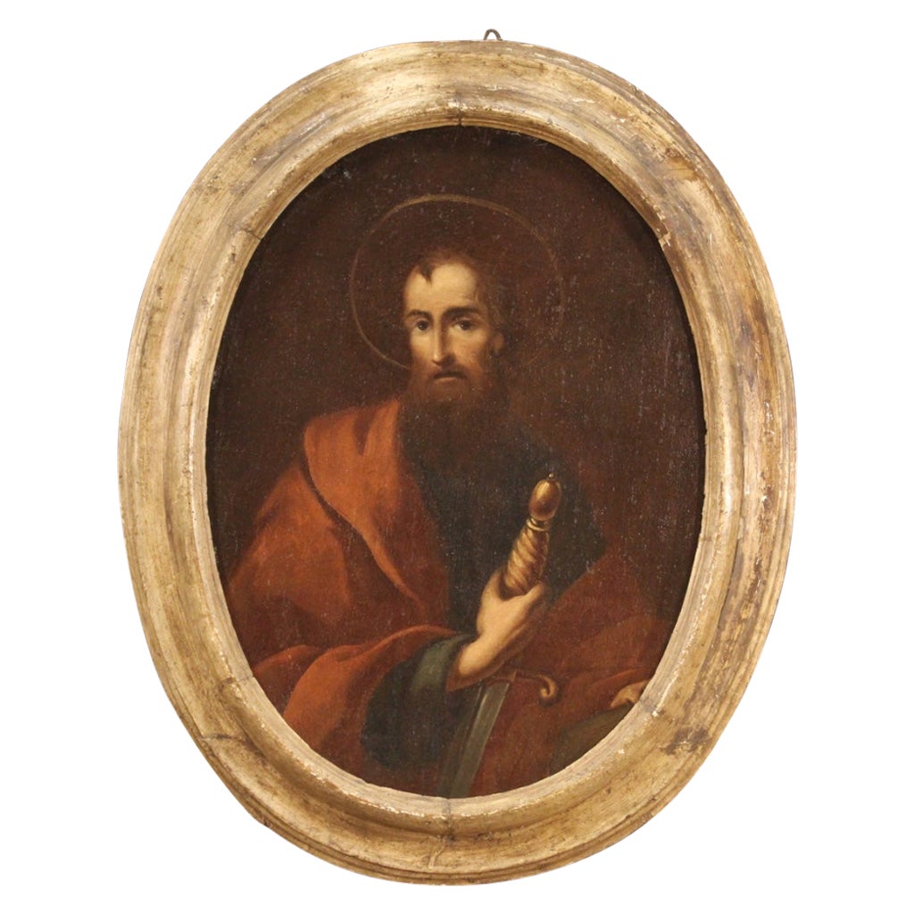 17th Century Oil on Canvas Italian Antique Religious Painting Saint Paul, 1650