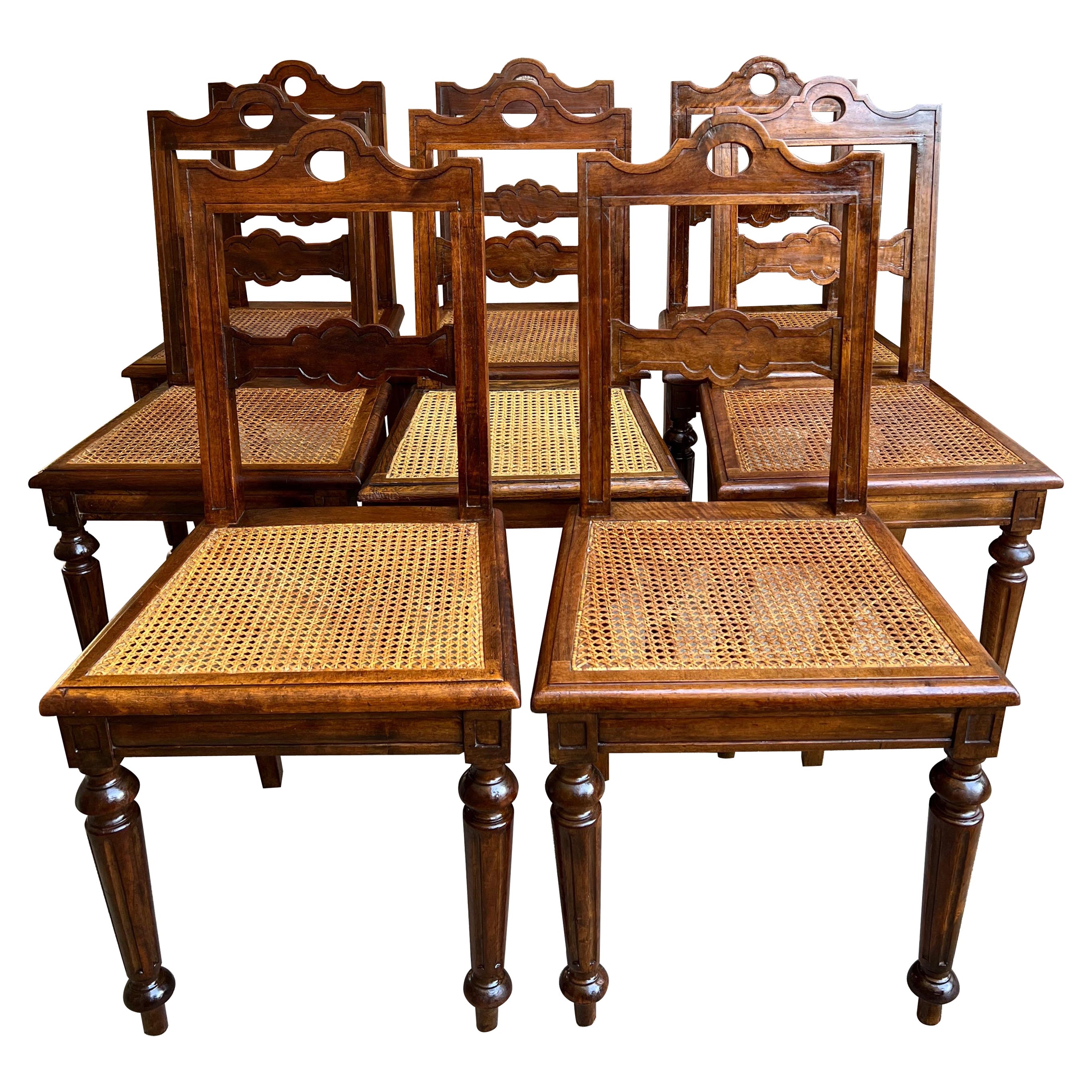 Set 8 Antique French Provincial Carved Oak Ladder Back Dining Chair Cane Seat