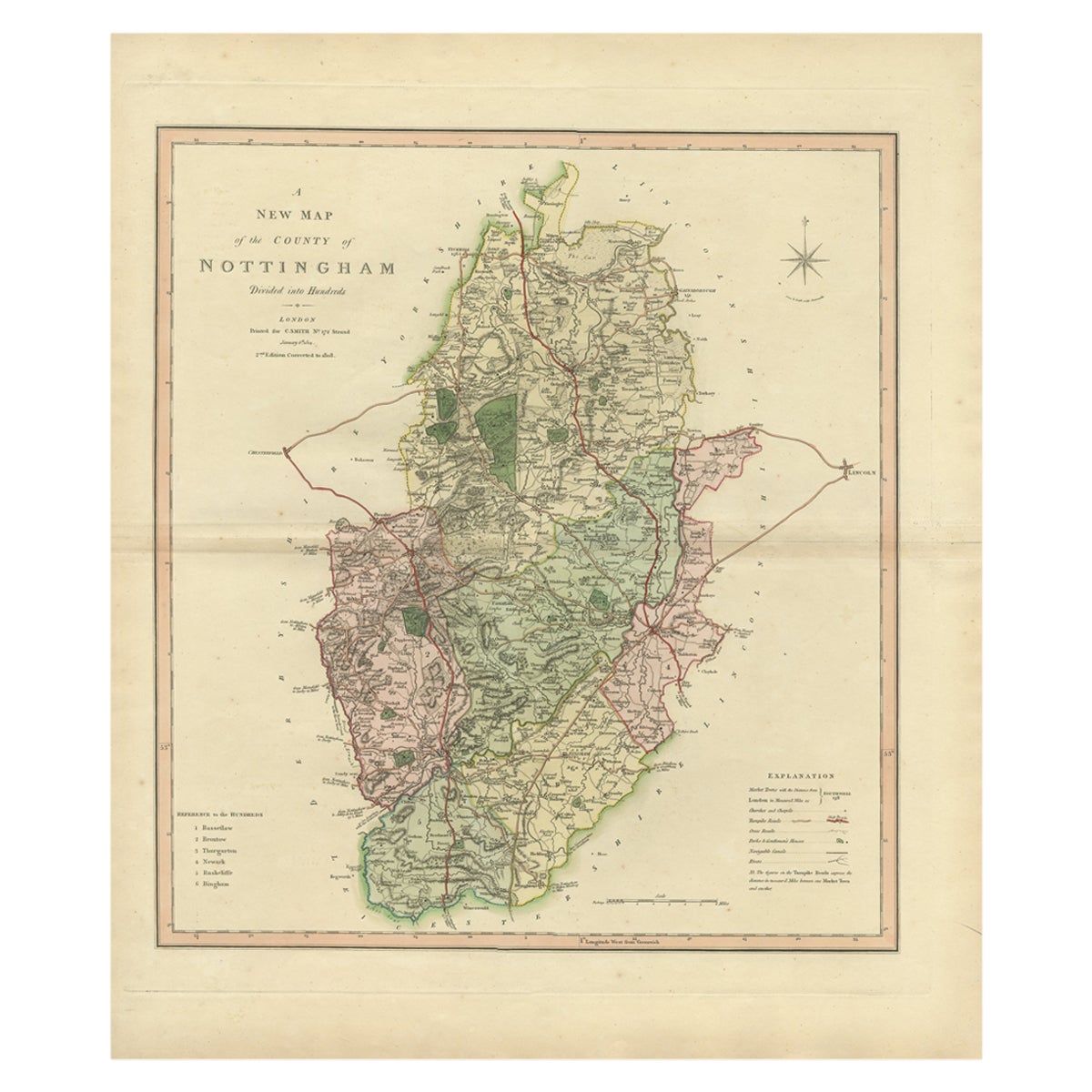 Antique Decorative Map of The County of Nottinghamshire, England, 1804 For Sale